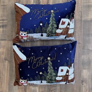 Pier 1 Beaded Merry Christmas Throw Pillow Set of 2 Owl & Winter Christmas Tree
